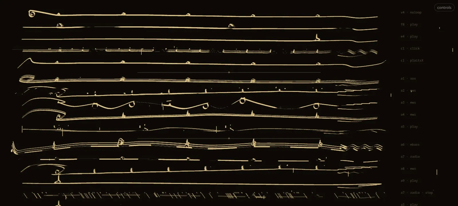 Calligraphy: broad-nib lines that the code's randomness and grit corrupt.