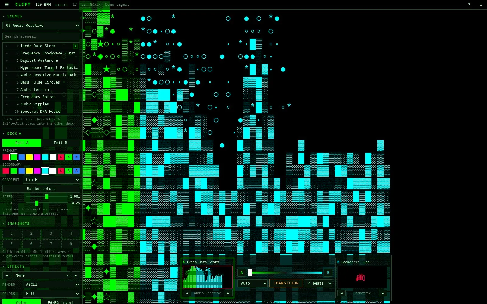 CLIFT Web: the scene browser, deck A's colours and an audio-reactive ASCII scene