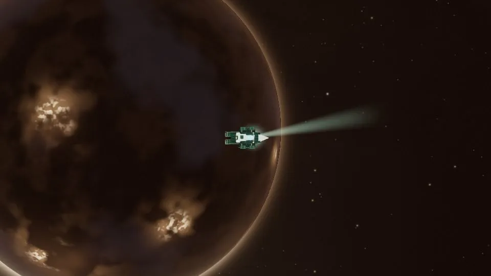 Lethe from orbit: a ship and its lamp beam over the dark side