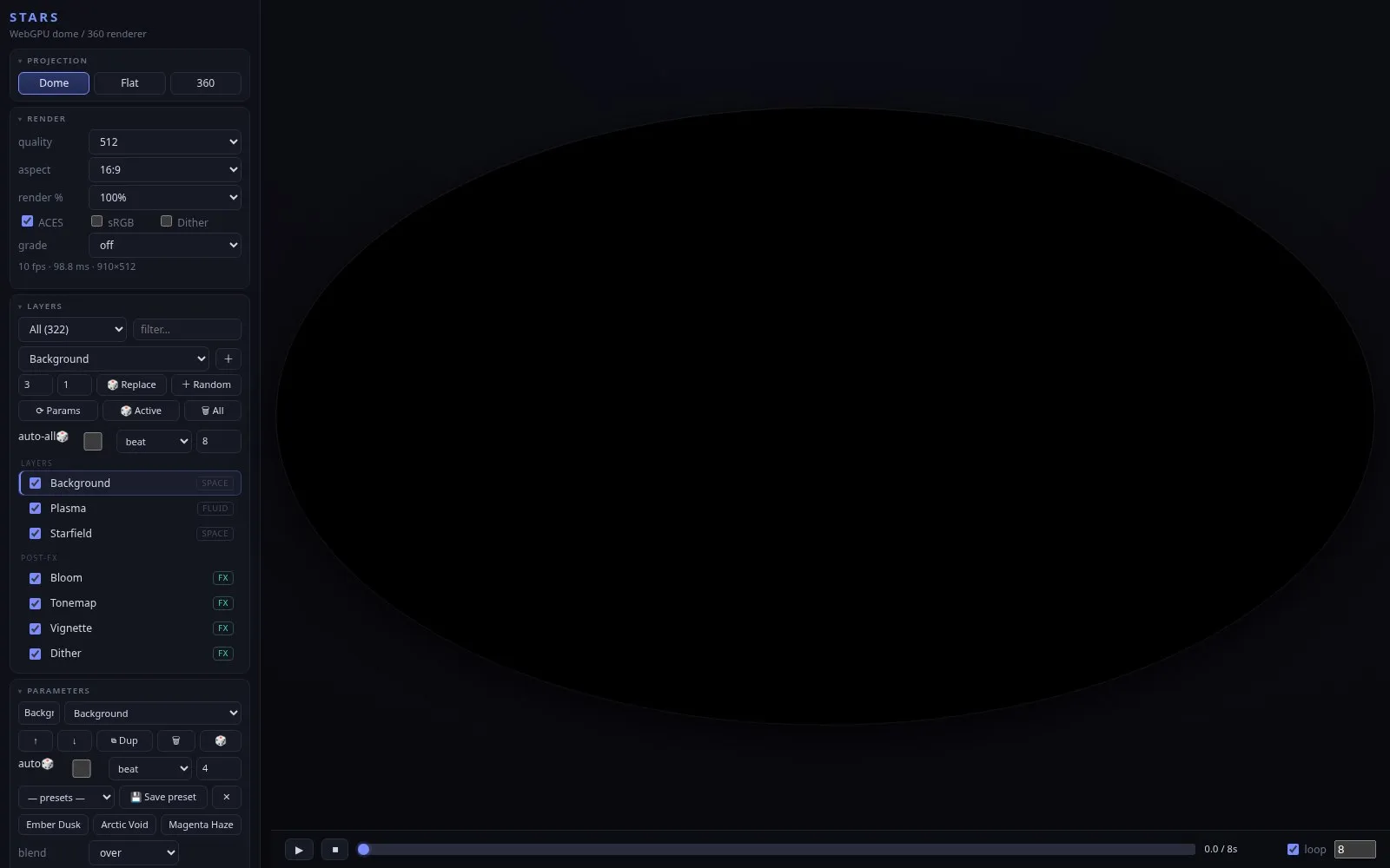 STARS Web: projection, render settings and the layer list beside the dome view