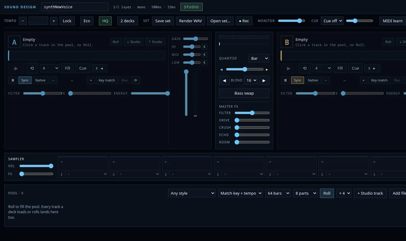 Persona in Live mode: two decks, the master effects and the sampler