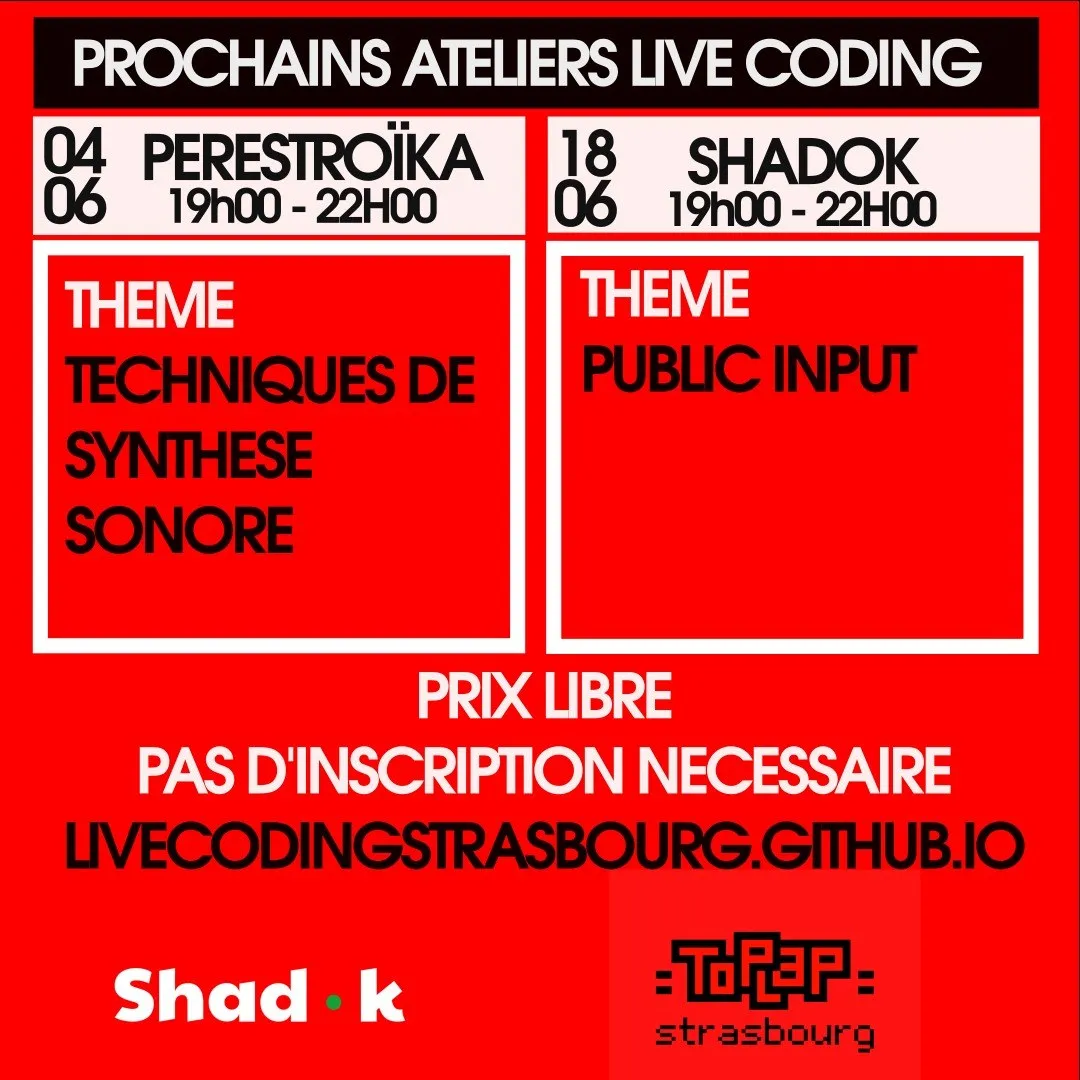 Poster for the TOPLAP Strasbourg workshops at Perestroika and the Shadok: sound synthesis, public input