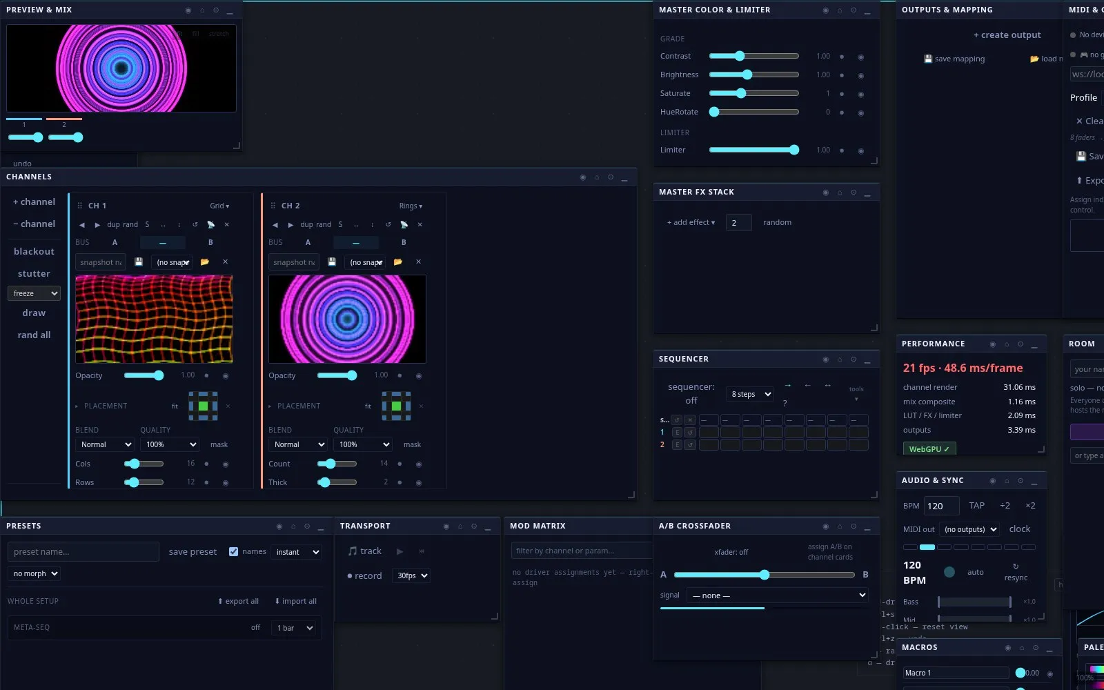 VJ Workshop: preview and mix, two channels, master colour, sequencer, crossfader and outputs