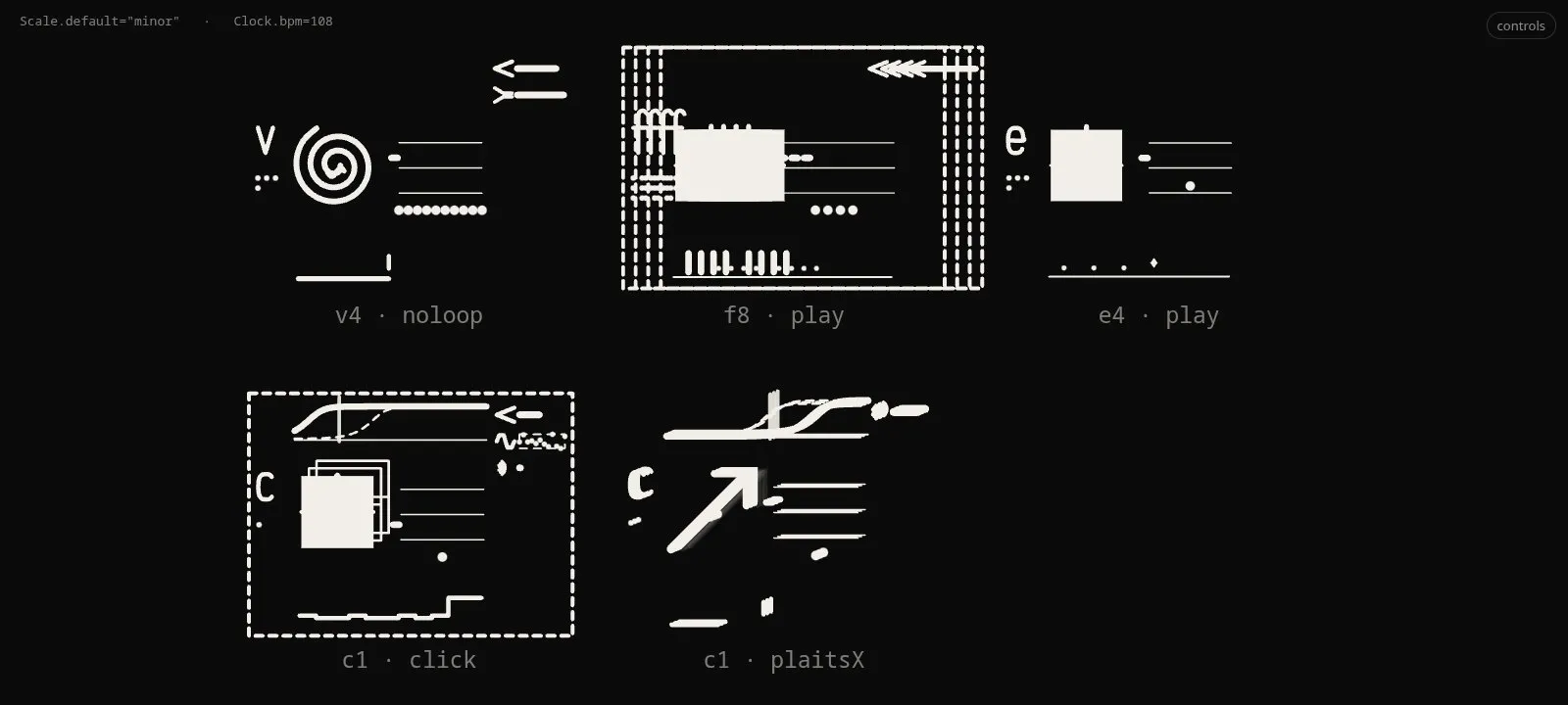 Player glyphs: each line of code compiles to one glyph, built like a Maya glyph block.