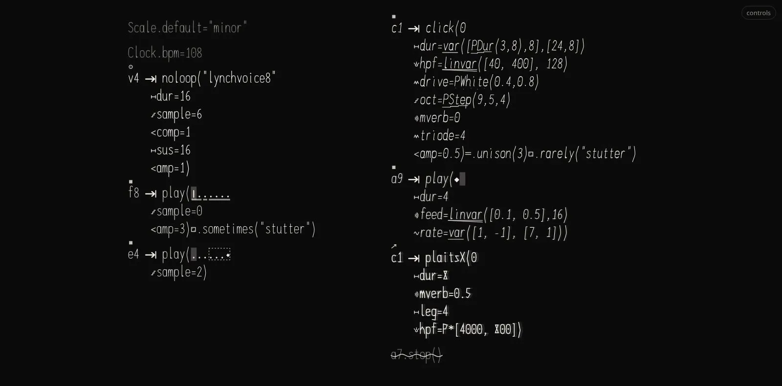 The live-coding font projected on a wall