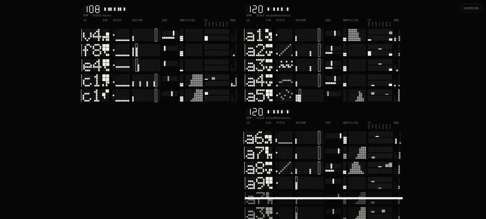 Matrix: each player one row of lit cells, in fields that line up across players.