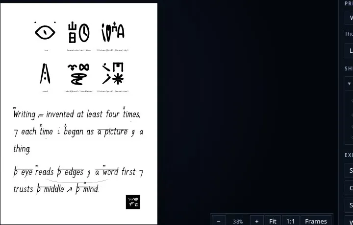 A Scriptorium sheet: Radix glyphs (top) and Weft English with its meanin